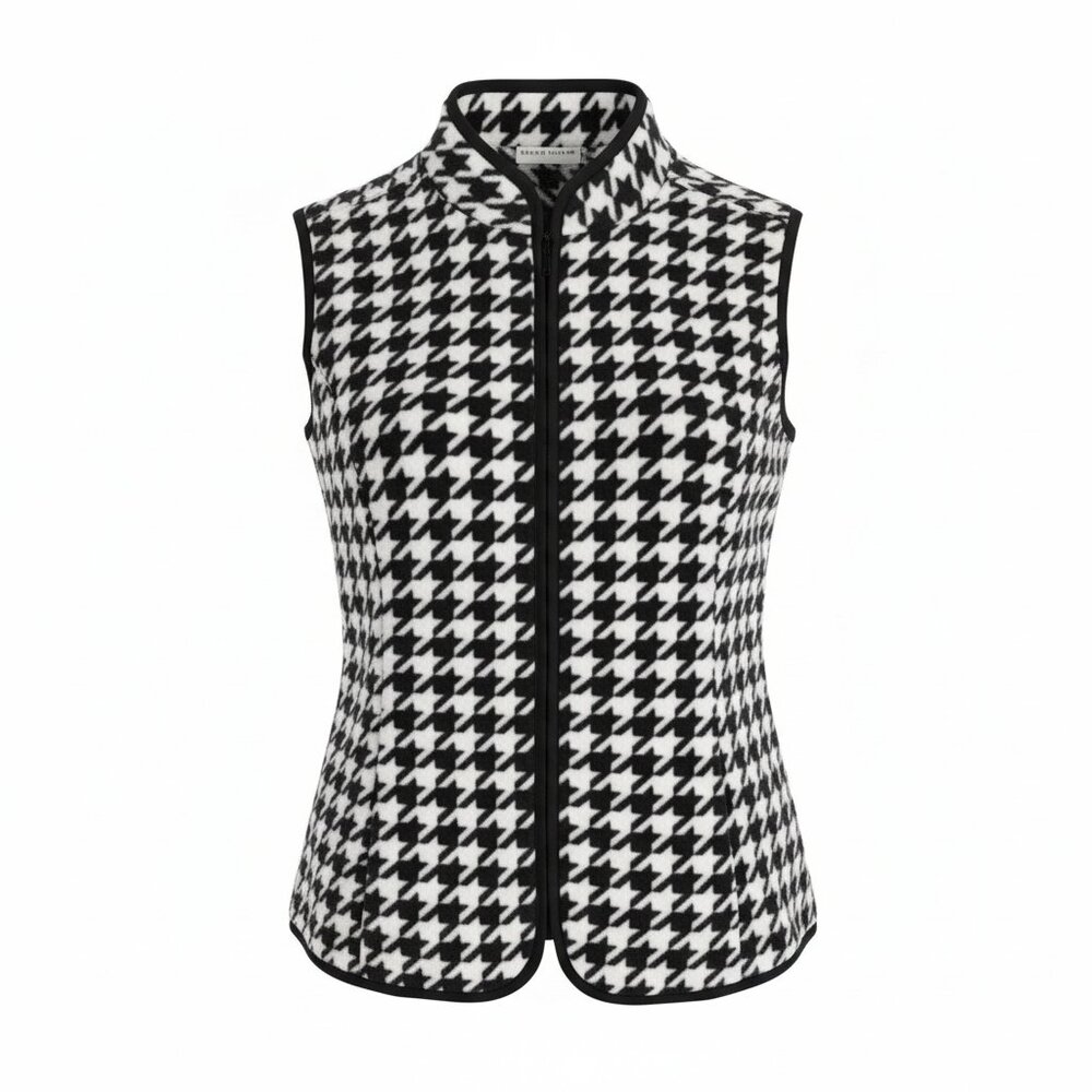 Susan Graver Vest Womens Small Black White Houndstooth Zip Front Preppy Layering